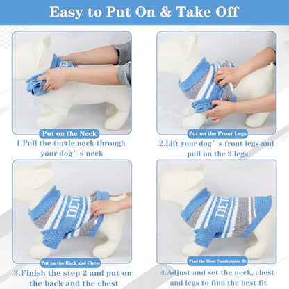 Detroit Small Dog Sweater Football Theme Turtleneck Knit Dog Sweaters for Small Pets Warm Winter Cat Dog Clothes - color: Skyblue&gray, size: Small