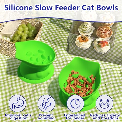 Slow Feed Cat Bowl, Elevated Cat Food Dish with Tilted Design, Dual-Use for Dry and Wet Food, Anti-Vomit, Anti-Choking, Easy to Clean - color: Green, size: Medium