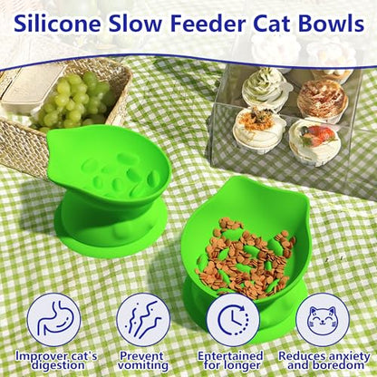 Slow Feed Cat Bowl, Elevated Cat Food Dish with Tilted Design, Dual-Use for Dry and Wet Food, Anti-Vomit, Anti-Choking, Easy to Clean - color: Green, size: Medium