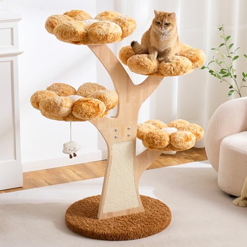 797Audio Flower Cat Tree, 48" Wood Branch Cat Tower, Cloud Cat Tree with Scratching Post for Indoor Adult Cats, Luxury Cat Tree with Cozy Perches & Interactive Squeaky Hanging Toy-Brown - color: Yellow, size: 48"