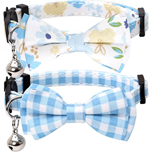 2 Pack/Set Cat Collar Breakaway with Cute Bow Tie and Bell Plaid Flower for Kitty Adjustable Safety - color: Blue-2