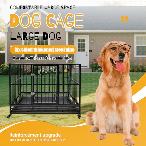 46" Heavy Duty Dog Crates Dog Cage for Large Dogs with Lockable Wheels Removable Tray Escape Proof Dog Cage Dog Kennel Indoor and Outside Suitable for High Anxiety Dogs Double Doors 94.1lbs