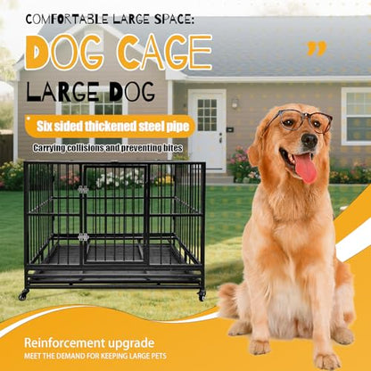 46" Heavy Duty Dog Crates Dog Cage for Large Dogs with Lockable Wheels Removable Tray Escape Proof Dog Cage Dog Kennel Indoor and Outside Suitable for High Anxiety Dogs Double Doors 94.1lbs