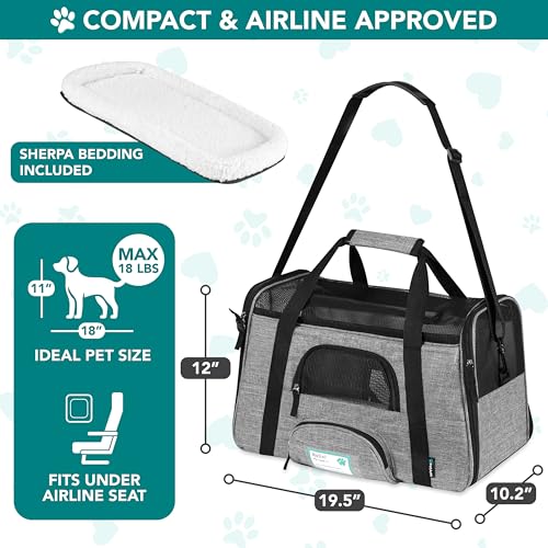 PetAmi Airline Approved Pet Carrier for Cats & Small Dogs, Soft Sided TSA Travel Carrier Bag Sherpa Bed, Breathable Mesh Ventilation, Collapsible Bowl, Fit Under Seat, Up to 18 lbs, Large Heather Gray - color: Heather Gray, size: Large - 19.5"L x 10.2"W x