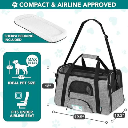 PetAmi Airline Approved Pet Carrier for Cats & Small Dogs, Soft Sided TSA Travel Carrier Bag Sherpa Bed, Breathable Mesh Ventilation, Collapsible Bowl, Fit Under Seat, Up to 18 lbs, Large Heather Gray - color: Heather Gray, size: Large - 19.5"L x 10.2"W x