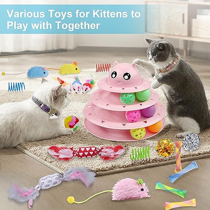 UPSKY 24 PCS Cat Toys, 3-Level Turntable Kitten Toys Set, Interactive Cat Roller Toys for Indoor Cats, Catnip Toys, Cat Teaser Toys, Mice Toys, Spring Toys, Various Ball Toys for Kitty - color: D-24PCS-Pink