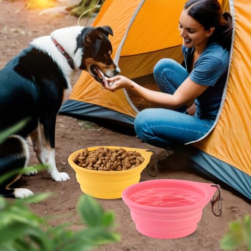 Dog Bowl Travel Collapsible Bowls 2 Pack, Portable Foldable Cats Dogs Water Dish Puppy Bowl (Pink1775 + Yellow1205) - color: Yellow + Pink