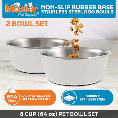Master Pet Supply Stainless Steel Dog Bowls Set of 2 (64 Oz Each) with Non-Slip Rubber Base - Bone White - Basic Dog Food Bowl Water & Food Bowls for Small Medium Large Dogs & Cats, Metal Dish - color: Bone White, size: 8 Cups (64 oz) 2 Pack