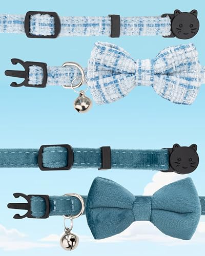Cat Collar with Bow Tie 2pcs Set Bell Boy Girl Kitten Safety Plaid Grid Checkered Solid Color Suede Velvet Cute Soft Fluffy Gift B-[2pcs] Blue - color: Style B-[2pcs] Blue