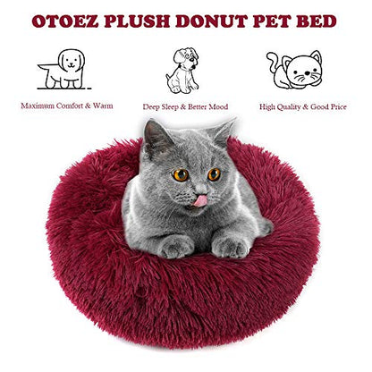 otoez Kitten Puppy Bed Extra Small XS Round Dog Cat Beds Anti Anxiety Plush Pet Calming Donut Bed with Non-Slip Waterproof Bottom, Washable (15.7", Dark Red) - color: Dark Red, size: 15.7"