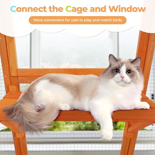 COZIWOW Large Wooden Cat Cage with Perche and Condo, Play Run Enclosure Indoor Kitty Window Kennel with Waterproof Roof&Safety Lock, 7 Platforms & 2 Resting Box, 62.4"L x 32.4"W x 70"H, Deep Orange
