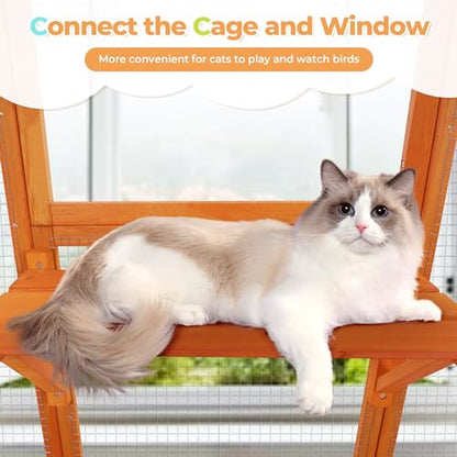 COZIWOW Large Wooden Cat Cage with Perche and Condo, Play Run Enclosure Indoor Kitty Window Kennel with Waterproof Roof&Safety Lock, 7 Platforms & 2 Resting Box, 62.4"L x 32.4"W x 70"H, Deep Orange