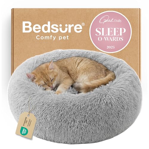 Bedsure Calming Cat Beds for Indoor Cats - Small Cat Bed Washable 20 inches, Anti-Slip Round Fluffy Plush Faux Fur Pet Bed, Fits up to 15 lbs Pets, Pale Grey - color: Pale Grey, size: 20"L x 20"W x 6"Th