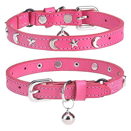 Leather Cat Collars for Boy Girl Cats with Bell and Safety Elastic Belt, Personalized Star and Moon Stud Adjustable Safe Buckle Collar for Kitty Small Big Cats Size 7-9 Inch, Rose - color: Rose_Star & Moon, size: 7"-9" For Cats(Pack of 1)