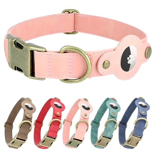 AirTag Dog Collar, Soft PU Leather Dog Collar with AirTag Holder, 0.8" Wide Adjustable GPS Tracking Collar for Small Dogs, Heavy Duty Pet Collar with Quick Release Metal Buckle (Pink, S) - color: Pink, size: S 10"-14"