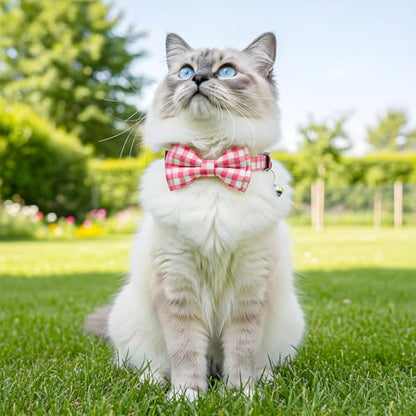 2 Pcs Pink Bow Tie Cat Collar with Bell Breakaway, Bowtie Plaid Cat Collar with Cats Buckle, Cute Kitten Bow Tie Collars, Soft Adjustable Cats Collars (Pink) - color: Pink