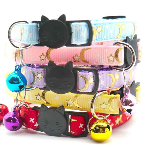 Reflective Cat Collars with Bell 2-Pack Girl Boy Pet Kitten Collar with Star Moon Patetrn Adjustable 7.5-12.5 Inch (Purple) - color: Purple