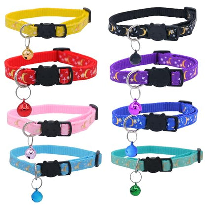 Set of 2: KioKatt Celestial Nylon Cat Collars with Matching Bells – Adjustable Breakaway Safety Collars for Adult Cats, 7–11" (Purple + Pink) - color: Purple + Pink