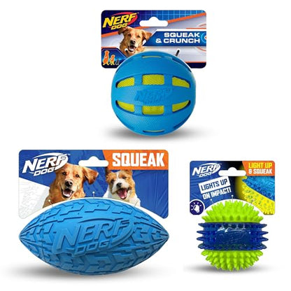 Nerf Dog Toy Gift Set, 3-Piece Set of Outdoor Dog Toys for Fetch, Includes Checker Crunch Ball, Spike LED Squeak Ball and Tire Squeak Football