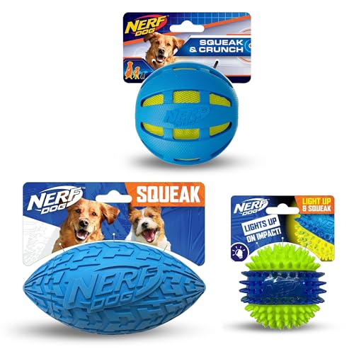 Nerf Dog Toy Gift Set, 3-Piece Set of Outdoor Dog Toys for Fetch, Includes Checker Crunch Ball, Spike LED Squeak Ball and Tire Squeak Football