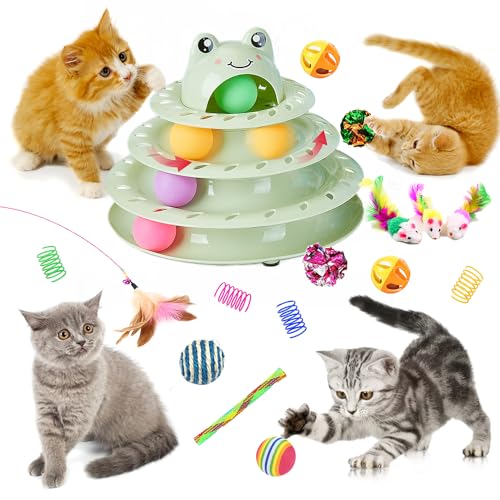 17 Pack Cat Toys, 4-Level Turntable Ball Track Interactive Cat Toy for Indoor Cats, Self Play Fun Roller with Colorful Rotating Ball Puzzle Exercise Kitten Toys Set - color: Light Green