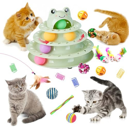 17 Pack Cat Toys, 4-Level Turntable Ball Track Interactive Cat Toy for Indoor Cats, Self Play Fun Roller with Colorful Rotating Ball Puzzle Exercise Kitten Toys Set - color: Light Green