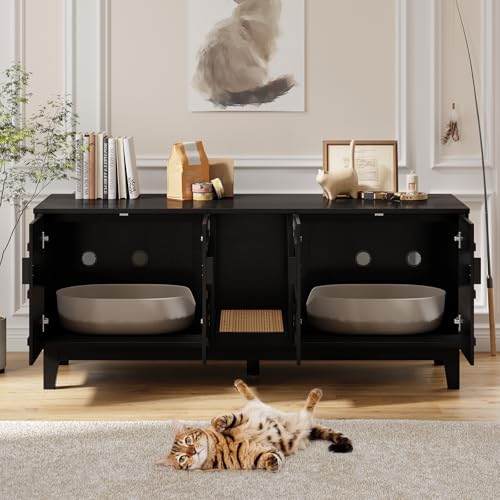 ONBRILL 59 Inches Cat Litter Box Enclosure for 2 Cats, Hidden Litter Boxes Furniture w/Cat Scratch Pad, Modern Large Pet House with Double Room, Wooden TV Stand for Living Room, Black