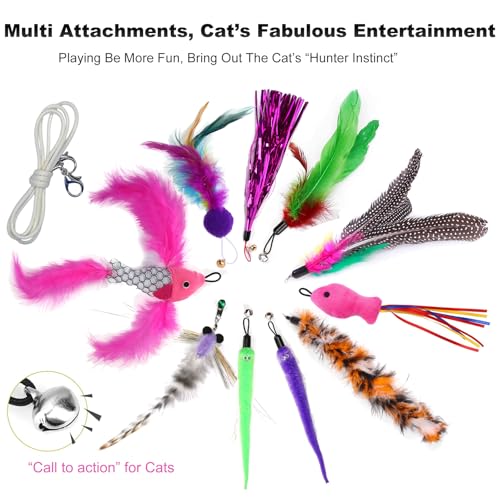 Cat Teaser Wand Set for Indoor Cats (13 Pack) - Retractable with Feather Refills, Interactive Toy to Boost Exercise & Relieve Boredom