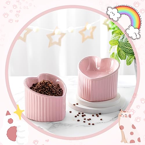 Mumufy 2 Pcs Ceramic Elevated Cat Bowls Tilted Elevated Raised Pet Bowls Anti Vomit Cat Dish for Indoor Stress Free Water Dish Feeder for Puppies, Heart Shaped(Pink) - color: Pink