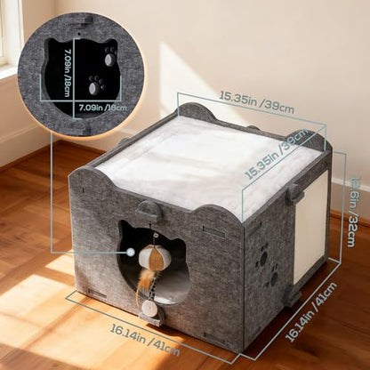 Yesday Detachable Felt Cat Bed Condo Shelter House for Indoor Use, Durable and Warm Flannel, Cozy Shelter with Built-in Scratching Board and Bonus Cat Toys (Black) - color: Black