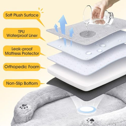 BurgeonNest Orthopedic Dog Bed for Small Dogs, Waterproof Soft Pet Cat Puppy Couch Bolster Bed with Pillow, Removable Washable Cover, Non-Slip Bottom, Egg-Crate Foam, Grey - size: 28.0"L x 23.6"W x 6.5"TH