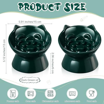 Funnymoom 2 Pcs Ceramic Raised Slow Feeder Cat Bowl, 5.91inch Elevated Cat Slow Feeder Bowl Tilted Anti Vomiting for Dry Wet Food and Water Easy to Clean High Edge(Dark Green) - color: Dark Green