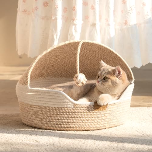 Cat Basket Bed with Washable Cushion and Ball Rope Cotton, Covered Pet Bed for Indoor Cats Cave Bed Hooded, Stimulicat Cat Bed Handwoven Breathable, All Season Universal(White) - color: White