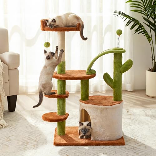 Cactus Cat Tree for Indoor Cats, 36.6" Small Cat Tower with Sisal Scratching Posts, Stable Cat Condo with Perches and Climbing Steps, Brown - color: Brown-1
