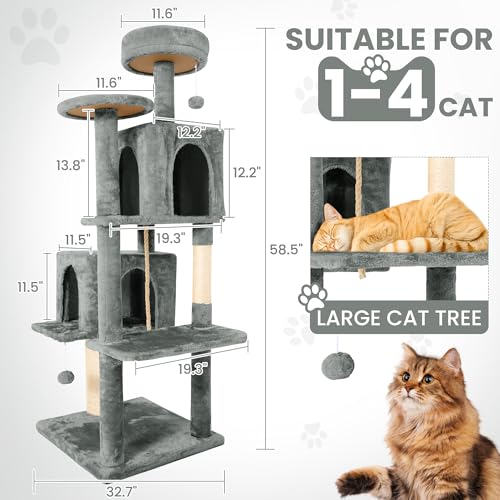 58.5inch Large Cat Tree Tower Condo for Indoor Cats, Soft Plush Multi-Level Climbing Tree Cat House, Scratching Post, More Entrance/Exit, Sisal Rope, Grey - color: Grey