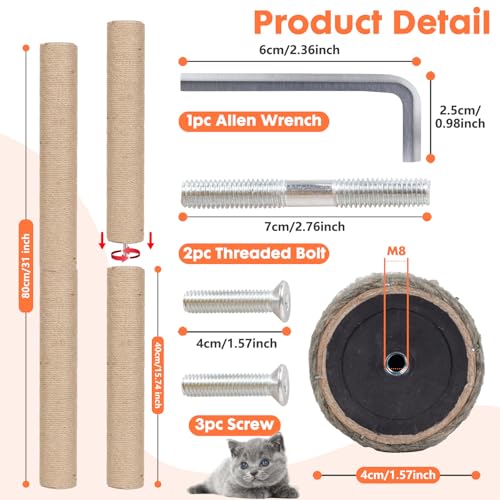 PowerKing Natural Sisal Replacement Scratching Post, 15.7'' 2 Pieces M8 Cat Scratch Post Refill Pole Parts for Refurbishment, Include Screws (Natural) - color: Beige, size: 15.7''+15.7'' (2.67''Thick)