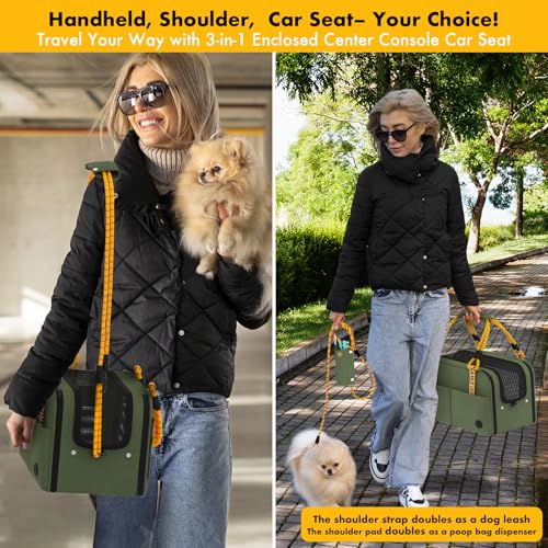 PAWZIDEA Center Console Dog Car Seat, Enclosed Small Dog Armrest Booster Carseat, Secure Straps &Anti Slip, Portable TSA Approved Puppy Pet Carrier Soft-Sided, Removable Pillow Storage Pocket, up 12lb - color: Forest Green