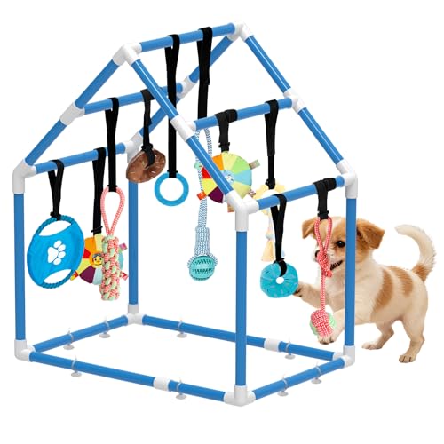 Puppy Play Gym Large & 10 Hanging Toys Indoor Play Gym Interactive Dog Toys for Boredom Enrichment Activity for Small Dog Teething PVC Frame Stretchy Rope with Velcro (Blue,33.5 x 28.5 x 19.6 inch) - color: Blue/10 toys/33.5 x 28.5 x 19.6"