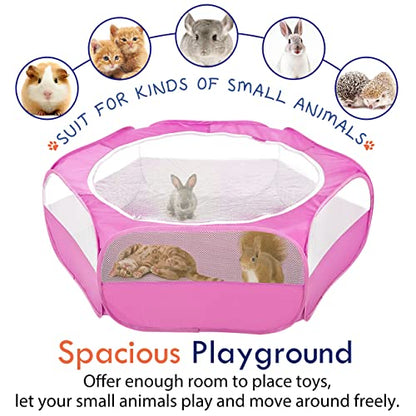 Pawaboo Small Animals Playpen, Waterproof Small Pet Cage Tent with Zippered Cover, Portable Outdoor Yard Fence with 3 Metal Rod for Chick/Kitten/Puppy/Guinea Pig/Rabbits/Hamster/Chinchillas,Magenta - color: B-Magenta