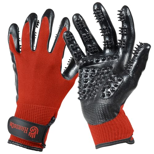 H HANDSON Pet Grooming Gloves - Patented #1 Ranked, Award Winning Shedding, Bathing, & Hair Remover Gloves - Gentle Brush for Cats, Dogs, and Horses (Red, Small) - color: Red, size: Small (1 Pair)