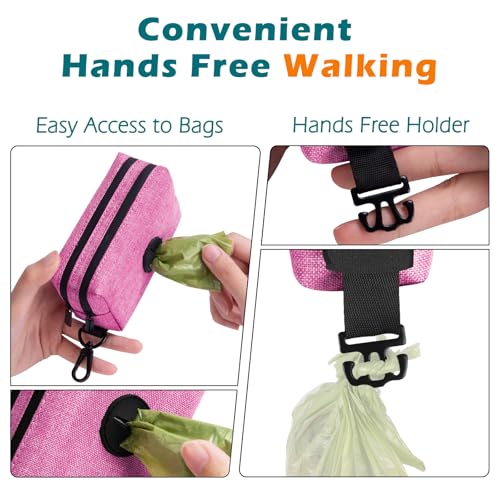 Dog Poop Bag Holder, Portable Pet Waste Bag Dispenser, 2 Pouches for Treats and Walking Accessories, Fit All Leashes, Includes 1 Roll of Dog Poop Bags (Pink) - color: Pink