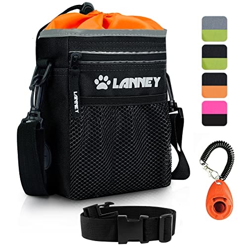 Dog Treat Pouch Pet Training Bag for Small to Large Dogs, Treat Tote Carry Kibble Snacks Toys for Training Reward Walking, Metal Clip, Waist belt, Shoulder Strap, Poop Bag Dispenser, Black with Orange - color: Pouch(Black with Orange)+Clicker