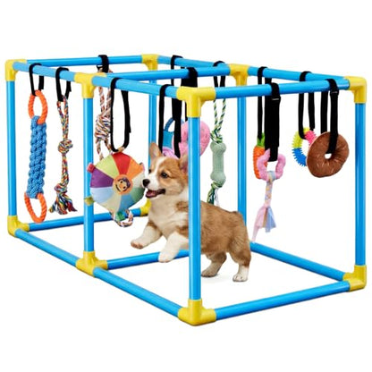 Puppy Play Gym for Small Dogs, Indoor Dog Jungle Gym Activity Center with Stable Frame, Interactive Enrichment Stand for Boredom Relief & Active Play, Includes 12 Toys to Keep Puppies Busy