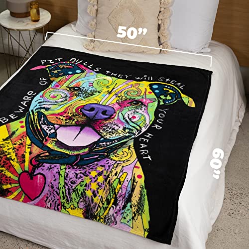 Dawhud Direct 50 x 60 Inch Pitbull Fleece Blanket Throw with Dean Russo Dog Art - Soft and Colorful Pitbull Blankets for Adults, Kids, Bed Couch Sofa Travel - Thoughtful Gift for Dog Lovers - color: Dean Russo Beware of Pit Bulls They Will Steal Your Hear