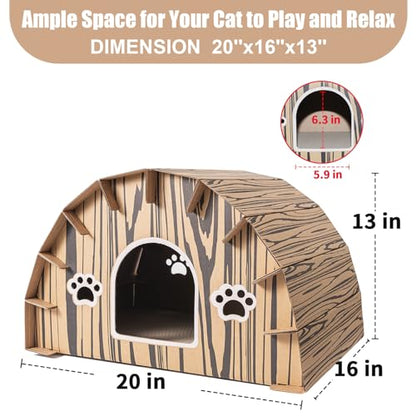 Forest Lodge Cardboard Cat House with Built-in Scratchers - 20 x 16 x 13 Inch Eco-Friendly Indoor Hideout for Cats and Small Animals