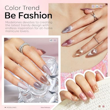 modelones Gel Nail Polish Set, 6 Colors Nude Pink Silver 9D Glassy Cat Eye Glitter Gel Polish Semi-transparent Neutral Brown Nail Polish Soapnails with Magnet Soak Off Led Nail Art DIY Gift - color: A A3-Neutral Cat Eye