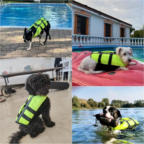 Neon Green Dog Life Jacket for Medium Breed with Rescue Handle, High Visibility & Adjustable Pet Life Vest, Safety Buoyancy Vest for Swimming, Boating, Kayaking & Water Sports, M - size: Medium