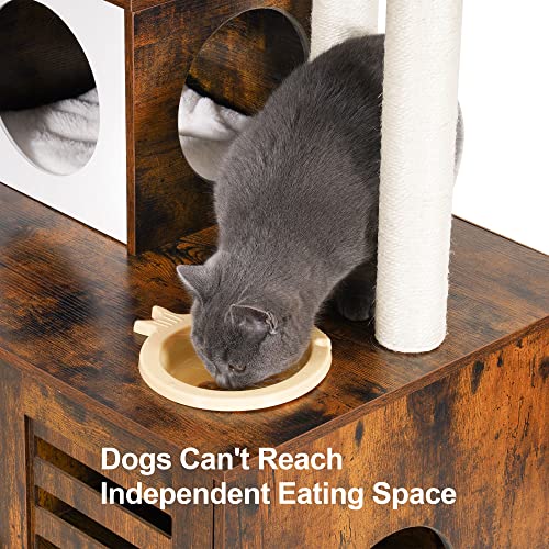Heybly Cat Tree, Wood Litter Box Enclosure with Food Station, All-in-one Indoor Cat Furniture with Large Platform and Condo, Modern Style Cat Tower, Hammock, Rustic Brown HCT100SR