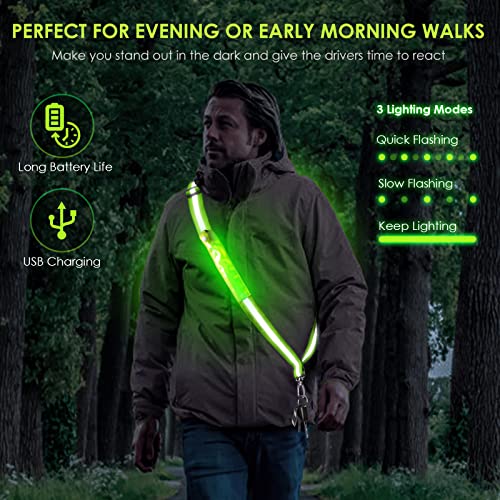 LED Belt Reflective Sash for Walking at Night, High Visibility Adjustable Night Running Safety Gear Rechargeable LED Light Up Running Belt Reflective Gear for Runners Walkers Men Women - color: green