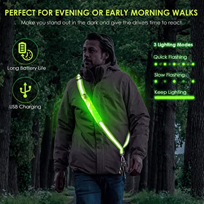 LED Belt Reflective Sash for Walking at Night, High Visibility Adjustable Night Running Safety Gear Rechargeable LED Light Up Running Belt Reflective Gear for Runners Walkers Men Women - color: green